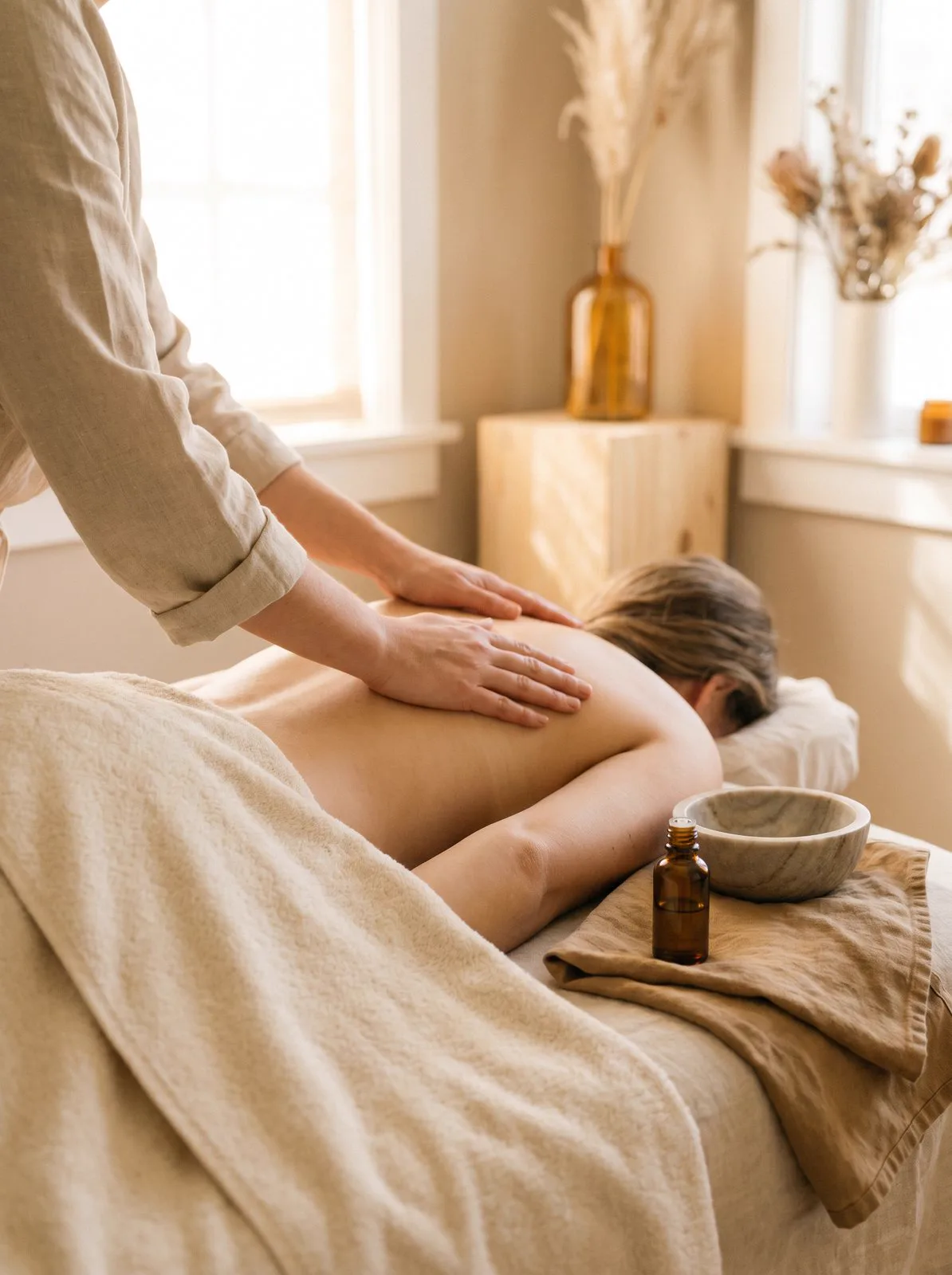 Sfeerbeeld van persoonlijke aandacht tijdens een AromaTouch-behandeling
