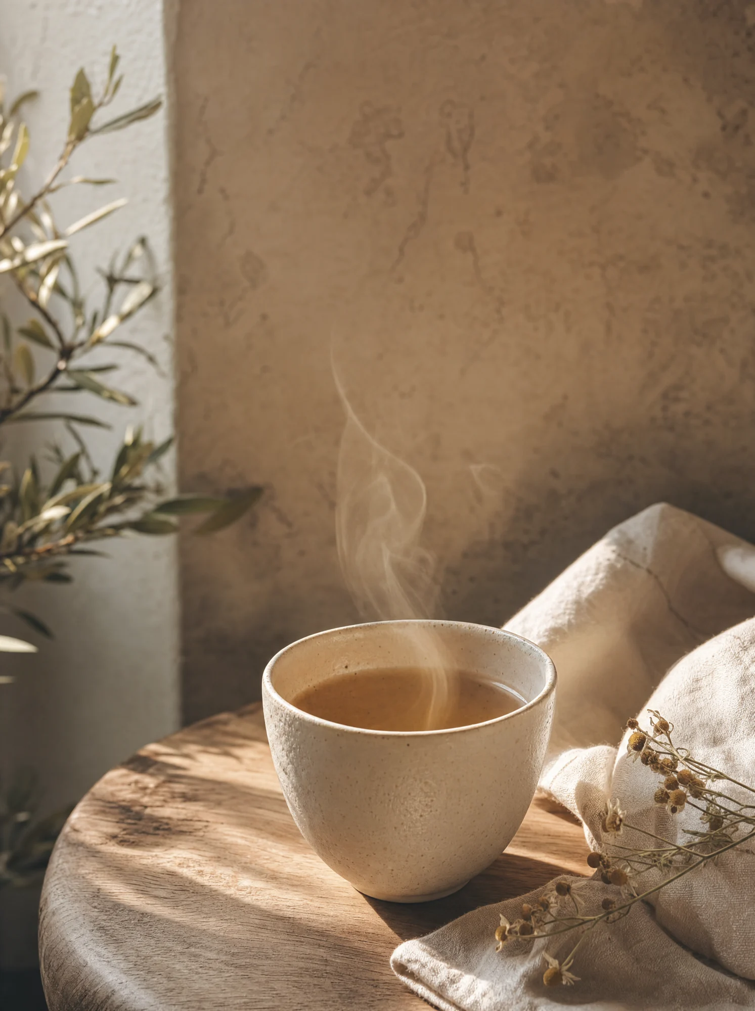 Een warm kopje thee op een houten tafel